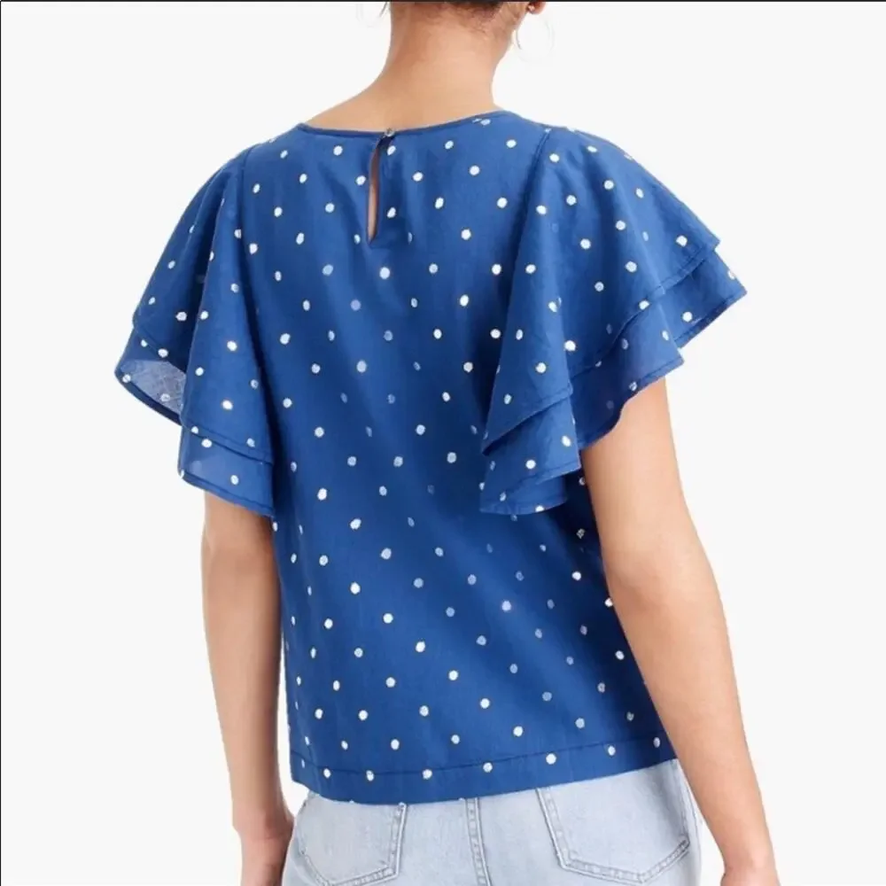 J. Crew Ruffle Flutter Sleeve Metallic Dot Top Size Small